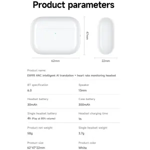 HOCO EW98 TWS ANC Noise Reduction Wireless Headset Intelligent Ai Translation+Heart Rate Monitoring Bluetooth Earphones BT6.0 In-ear