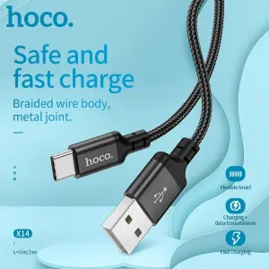 HOCO X14 Type-C Cable Data Line 1m&2m 3A Fast Charging USB to Type-C Charging Data Cable For Notebook Samsung Android Phone